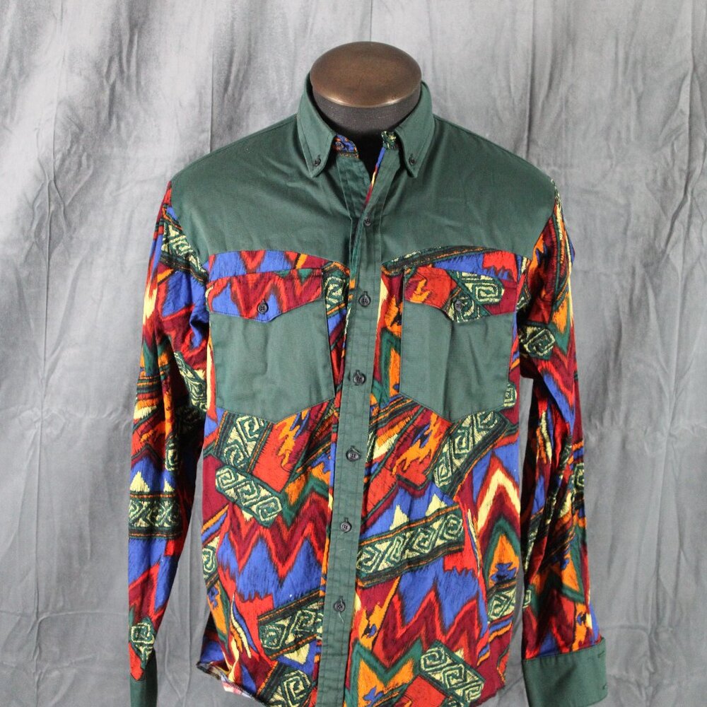 Vintage Western Shirt - Green and Adobe Pattern by Banjo - Men's Extra-Large